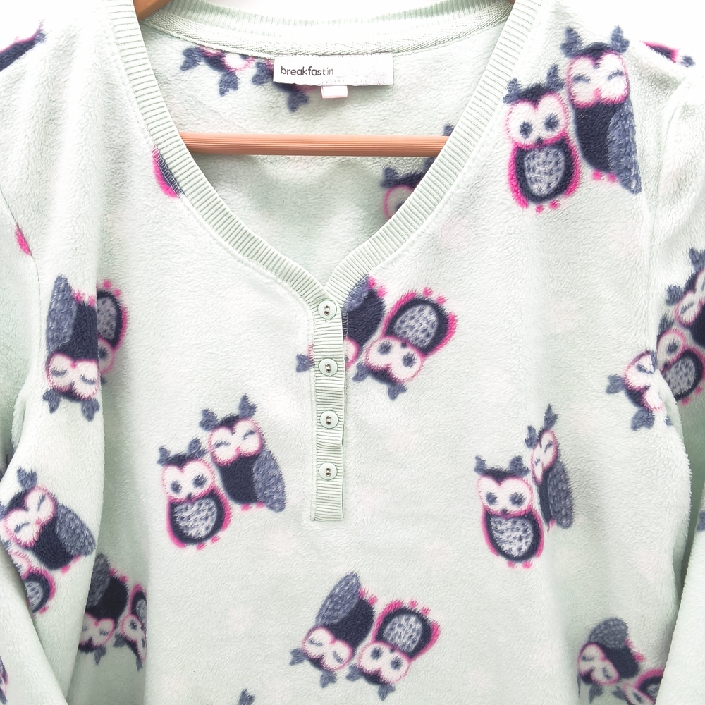 Breakfast In Bed Mint Green Fleece Owl Henley Nightgown - Picture 2 of 4